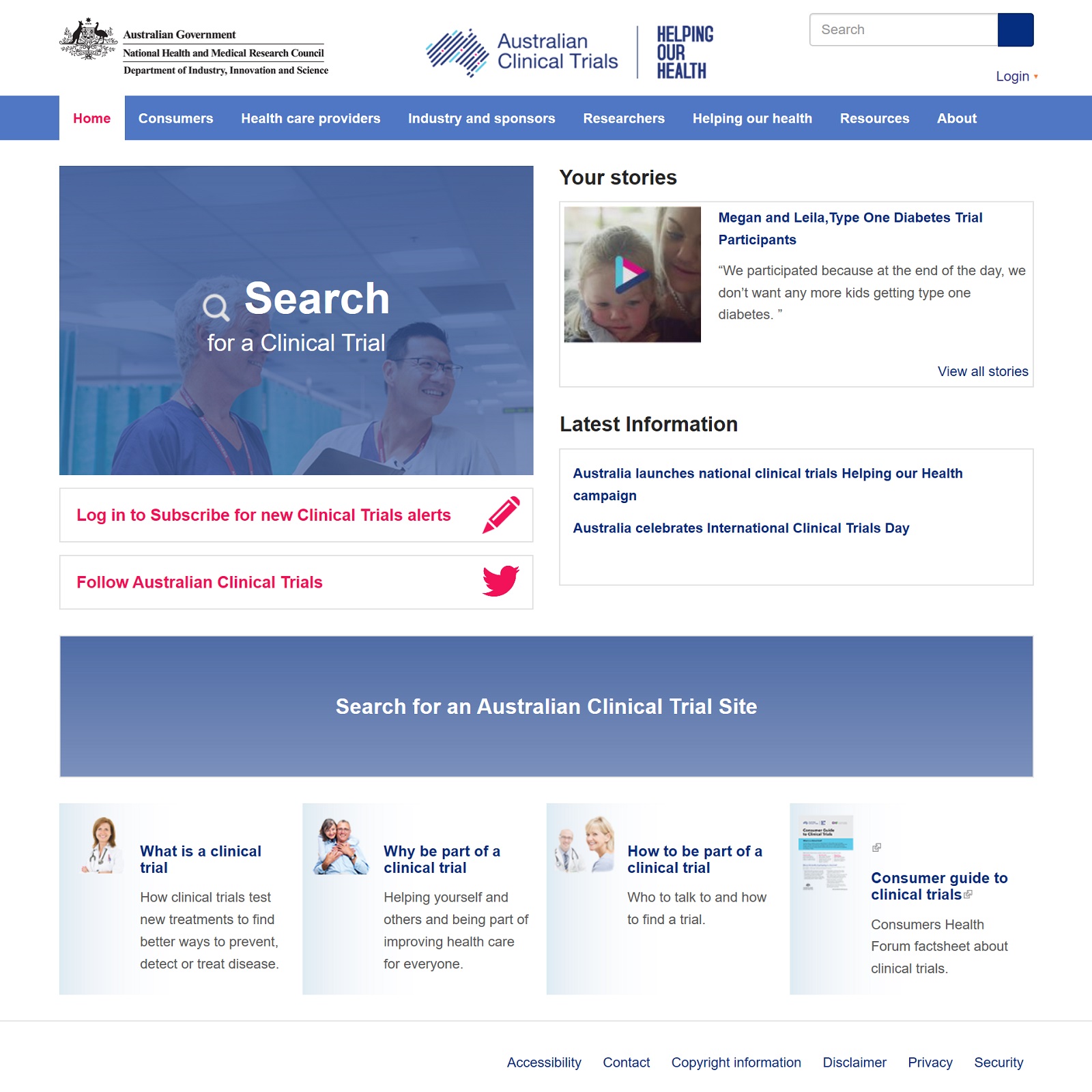 Australian Clinical Trials website screenshot