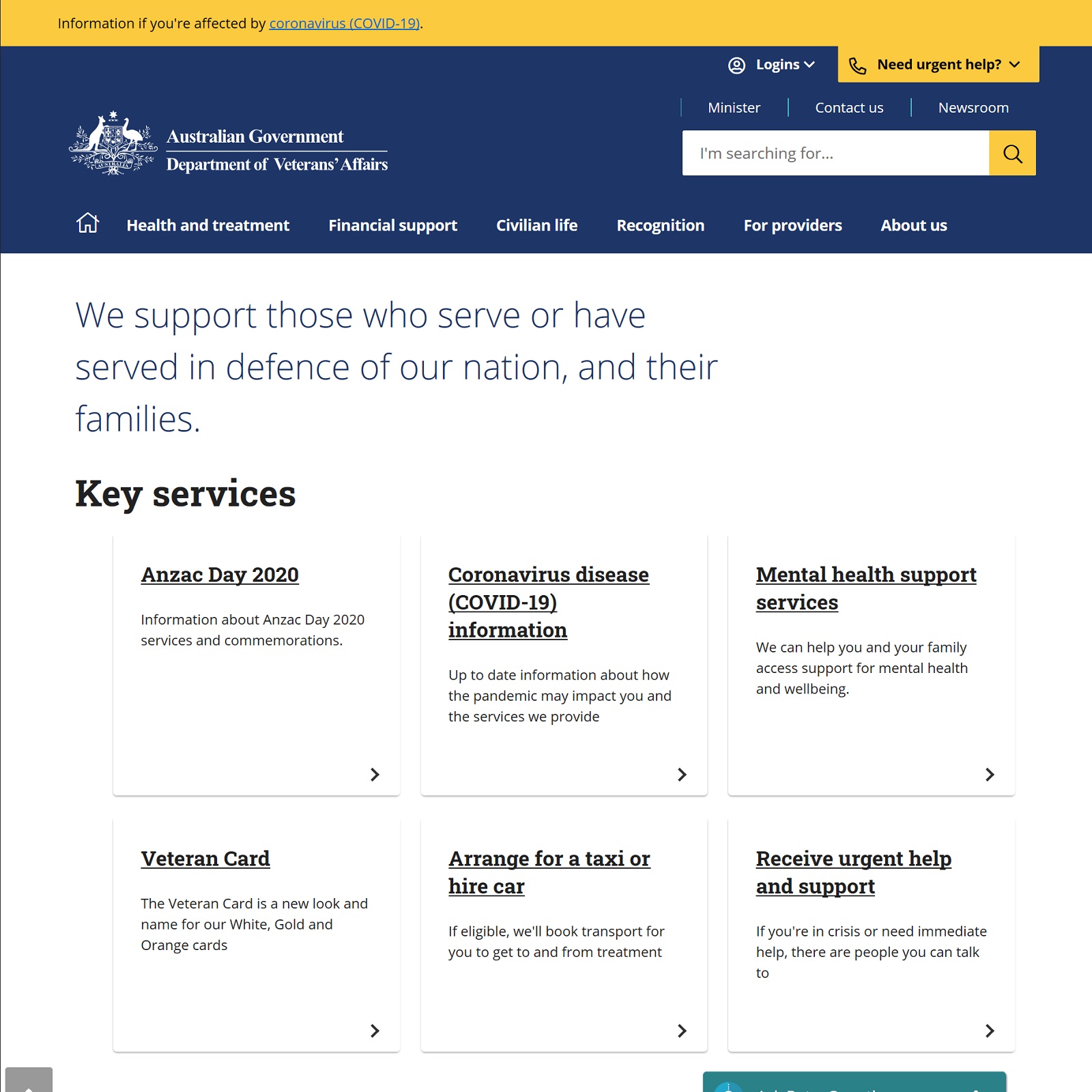 Department of Veteran's Affairs - Beta website screenshot