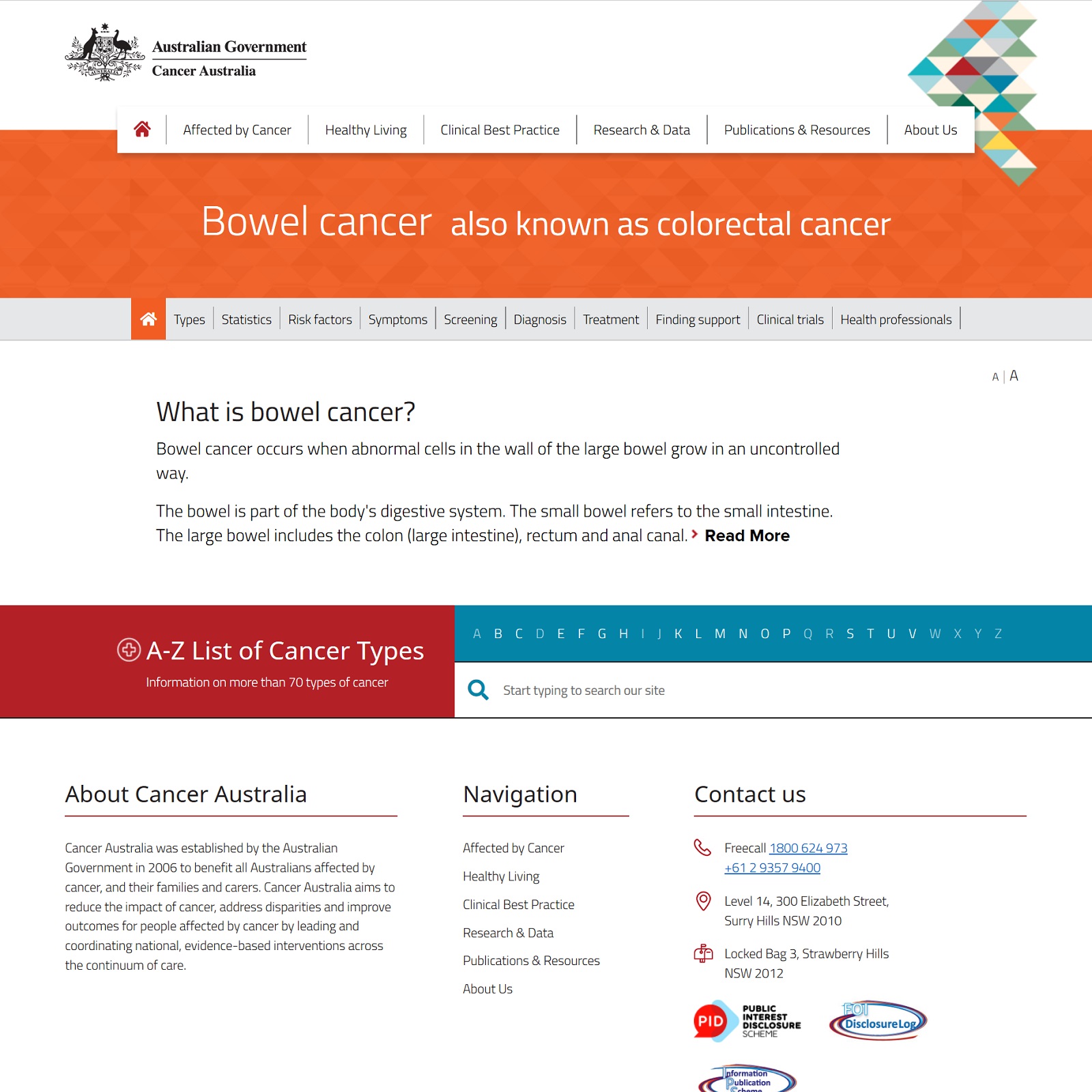 Bowel cancer website screenshot
