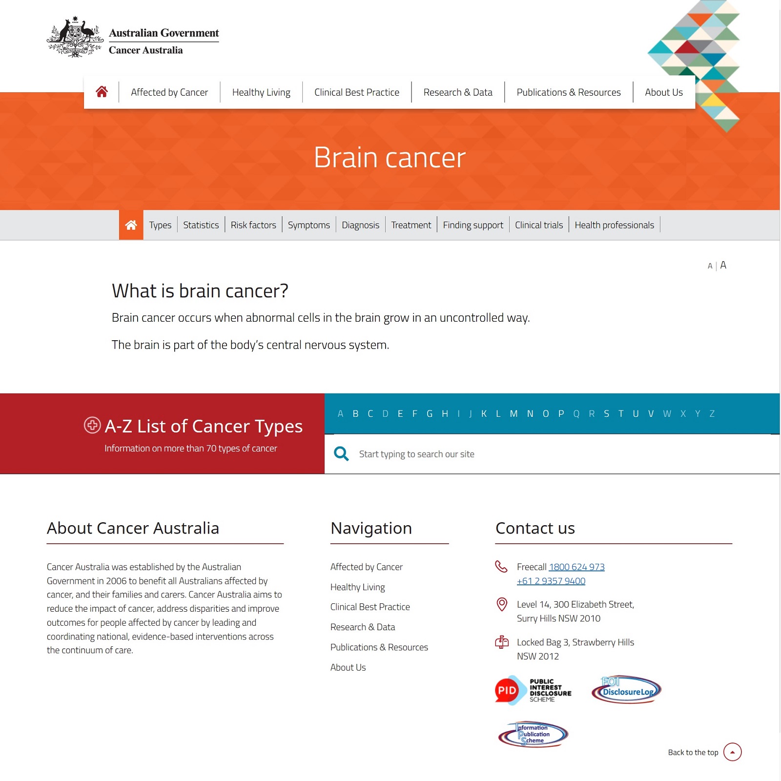 Brain cancer website screenshot
