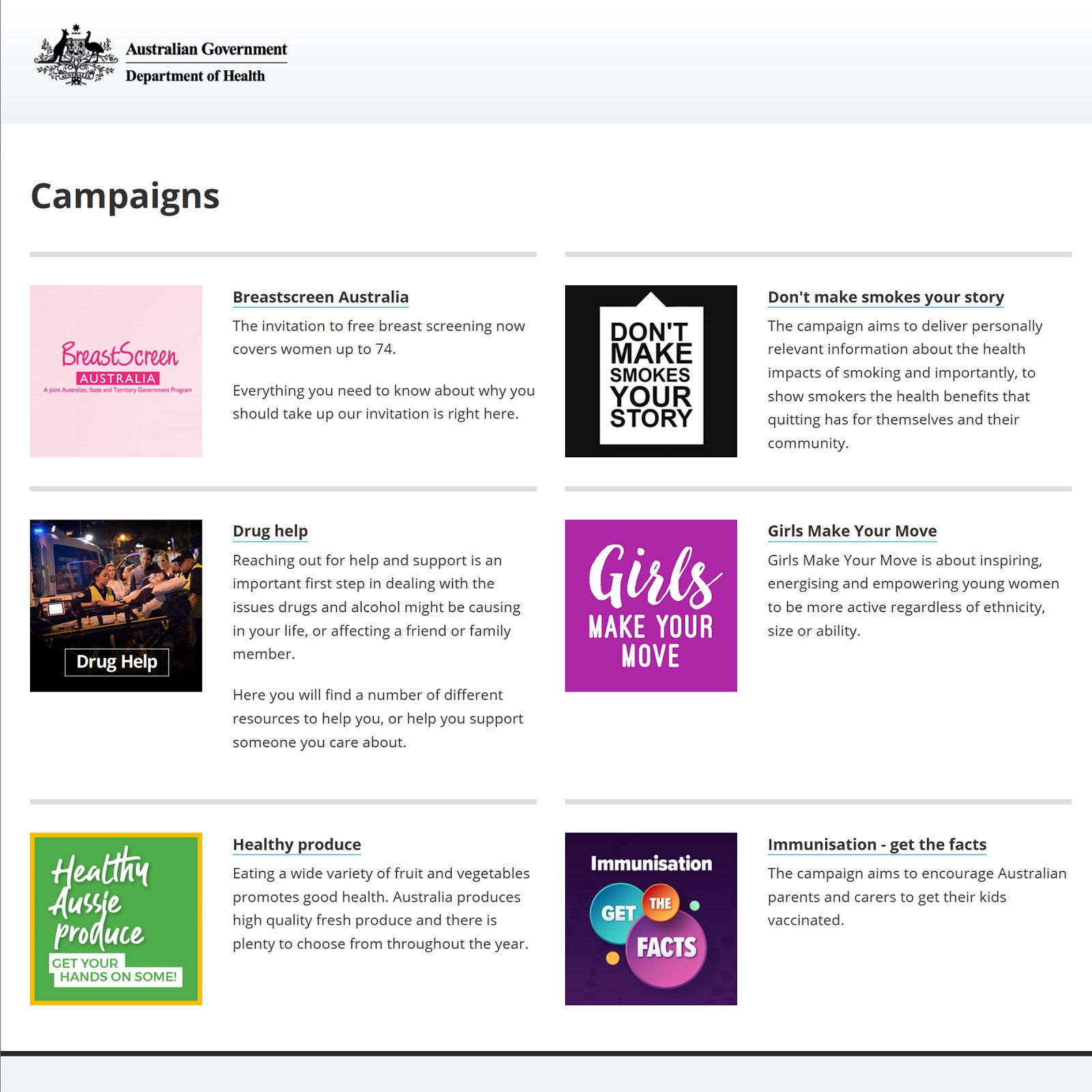 Health Campaigns website screenshot