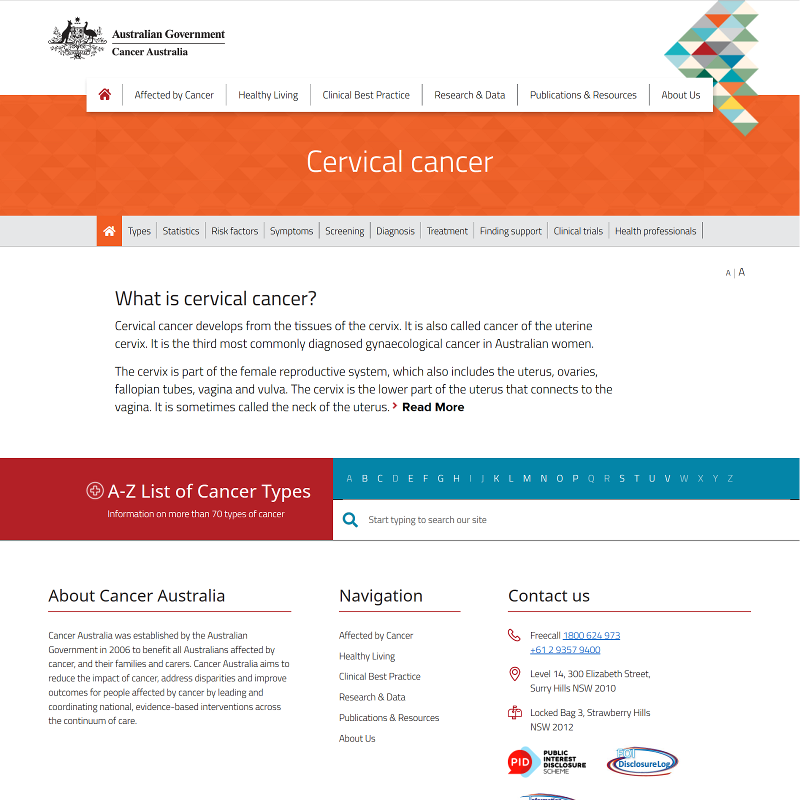 Cervical Cancer website screenshot