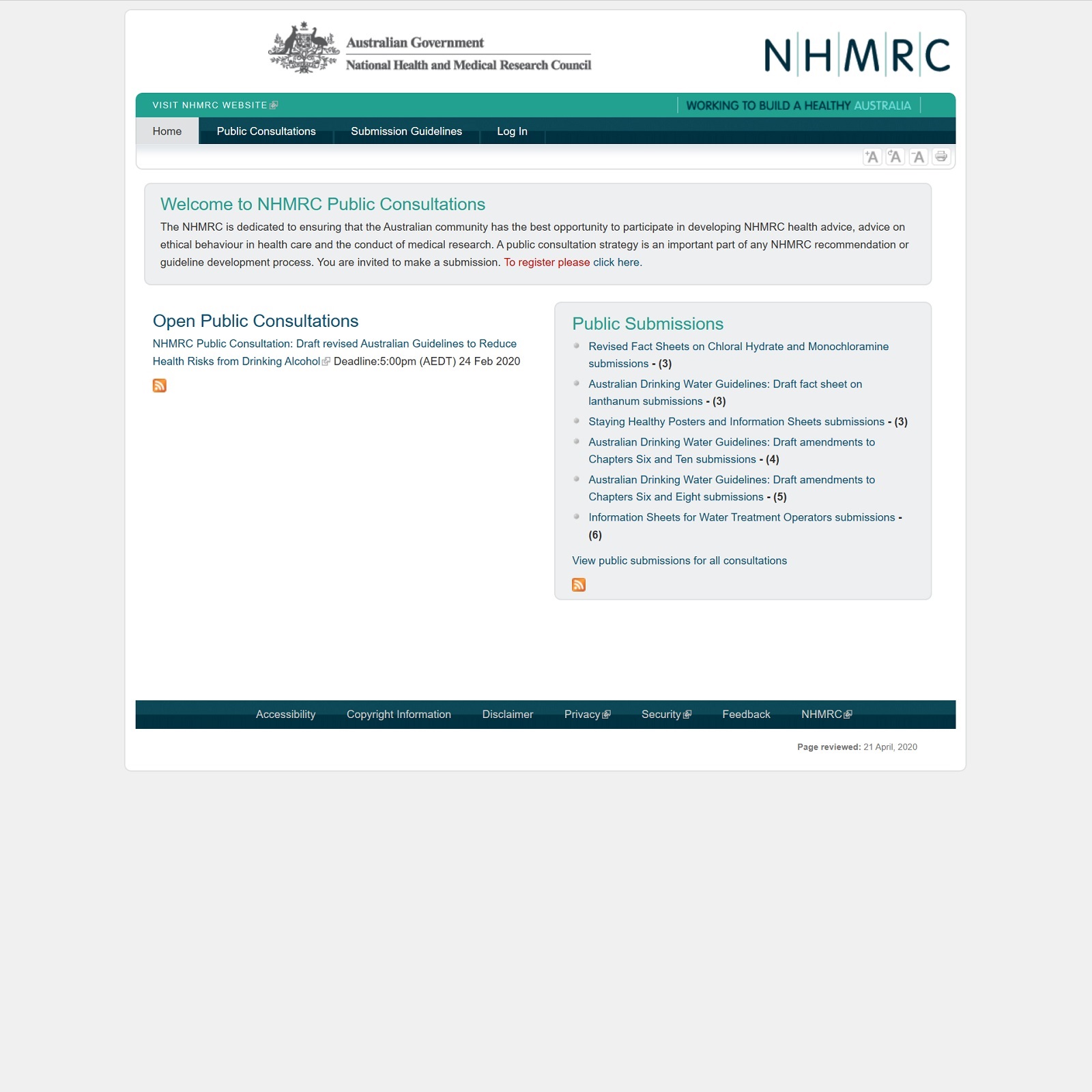 NHMRC Public Consultations website screenshot