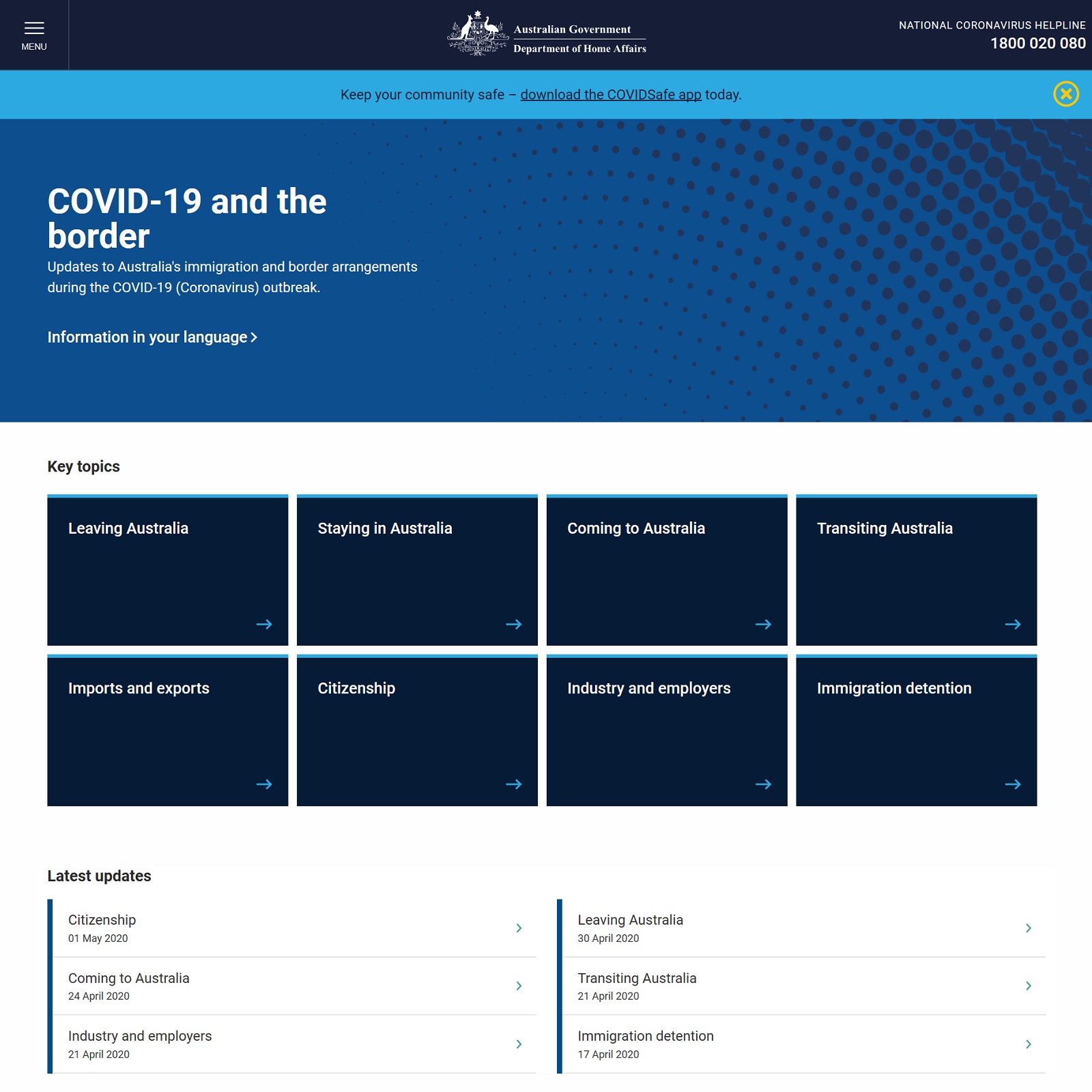 Covid 19 and the border website screenshot
