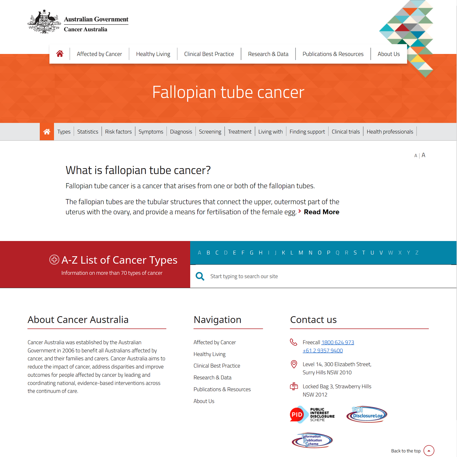 Fallopian tube cancer website screenshot