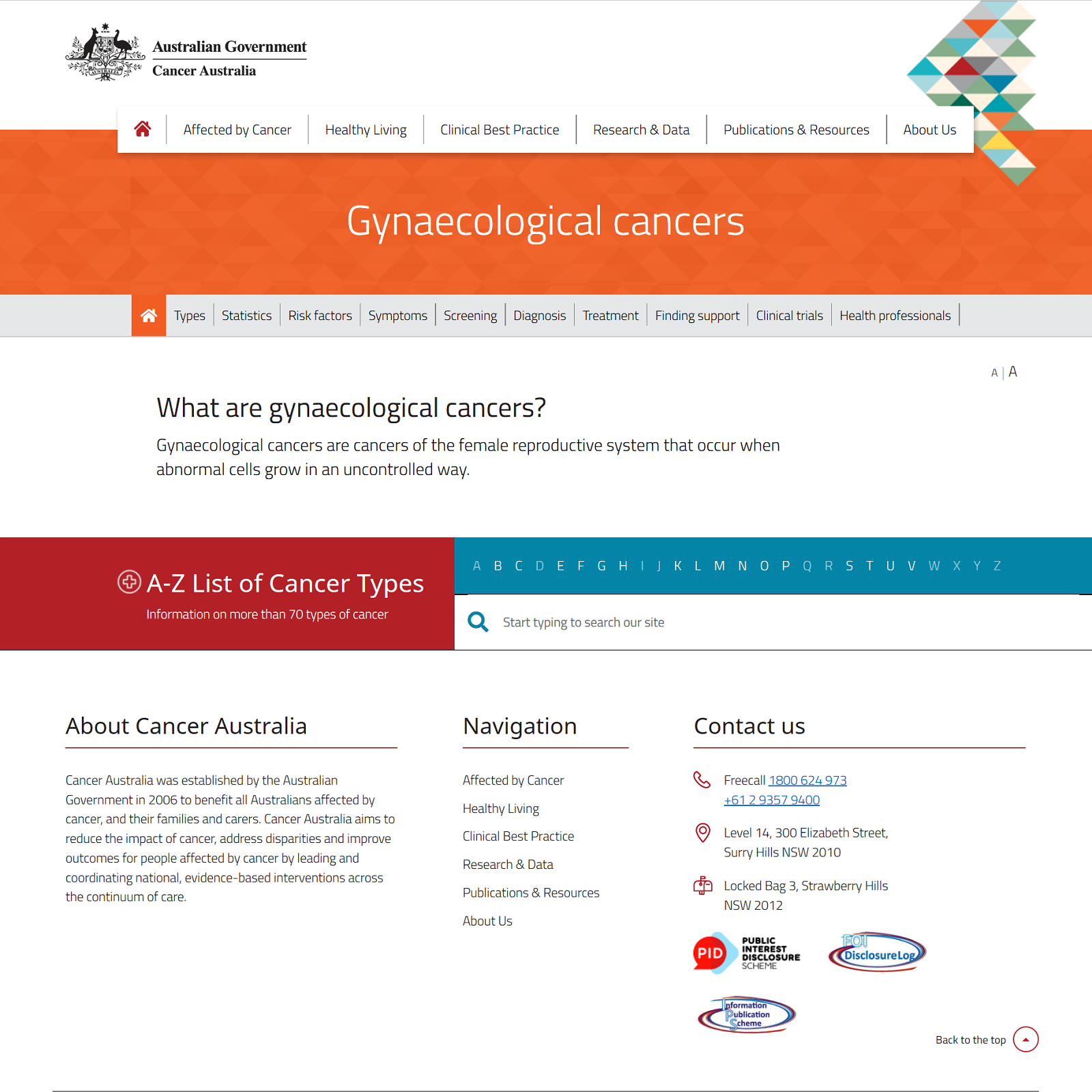 Gynaecological cancers website screenshot
