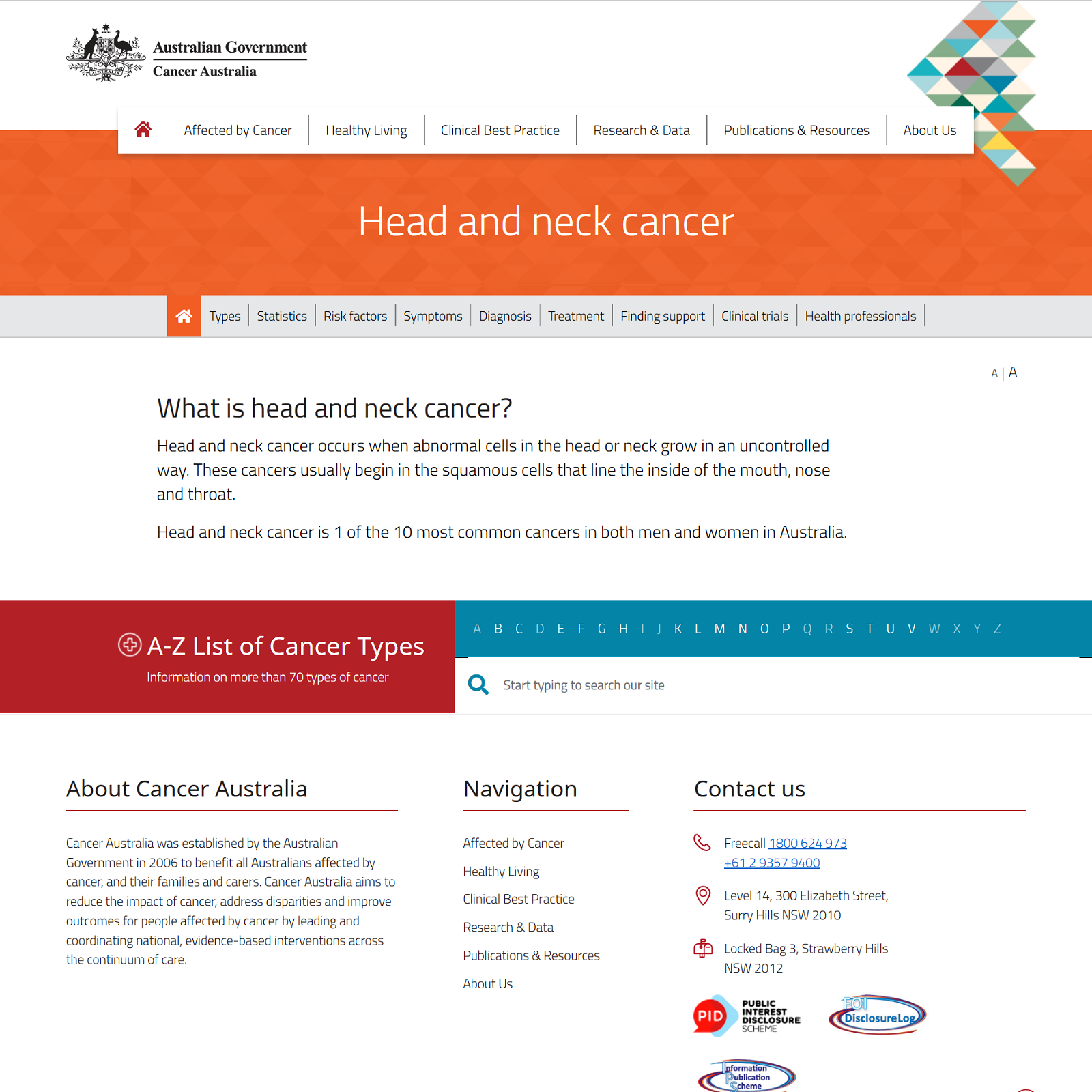 Head and neck cancer website screenshot