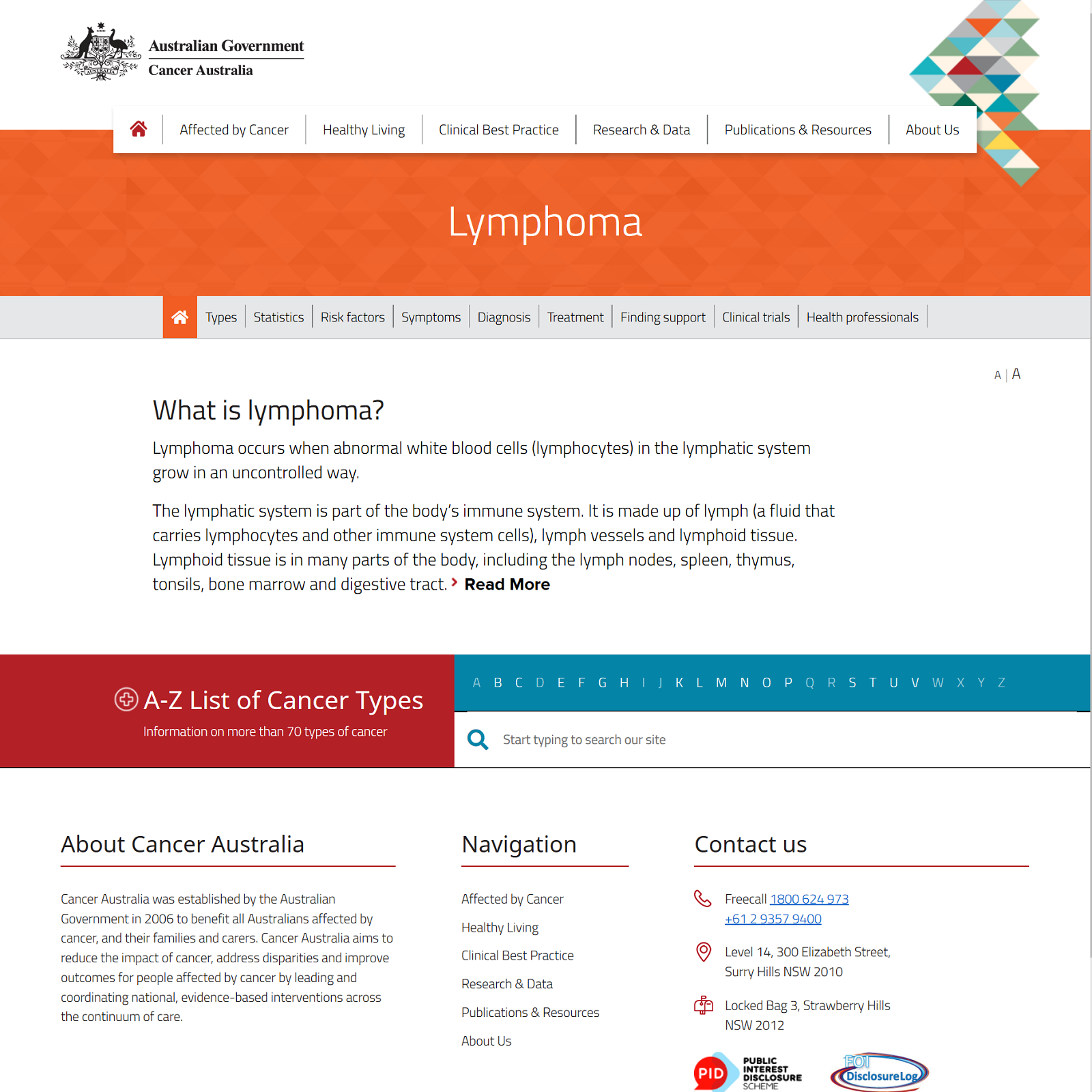 Lymphoma cancer website screenshot