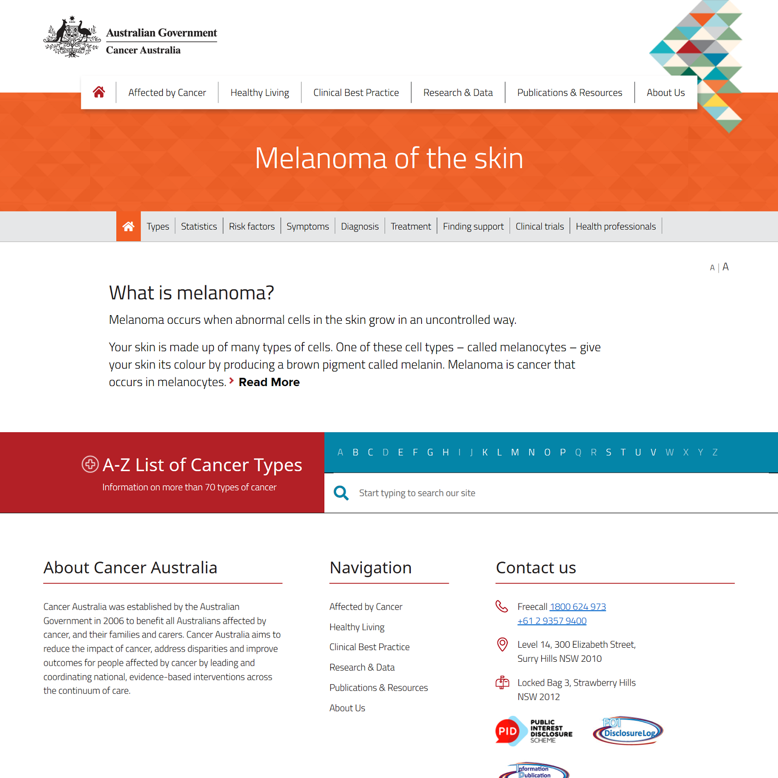 Melanoma of the Skin website screenshot