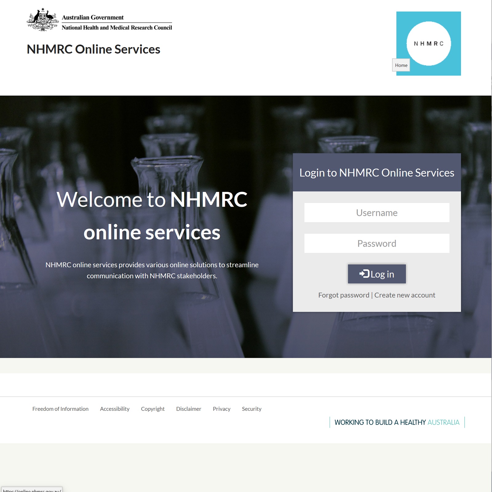 NHMRC Online Services website screenshot