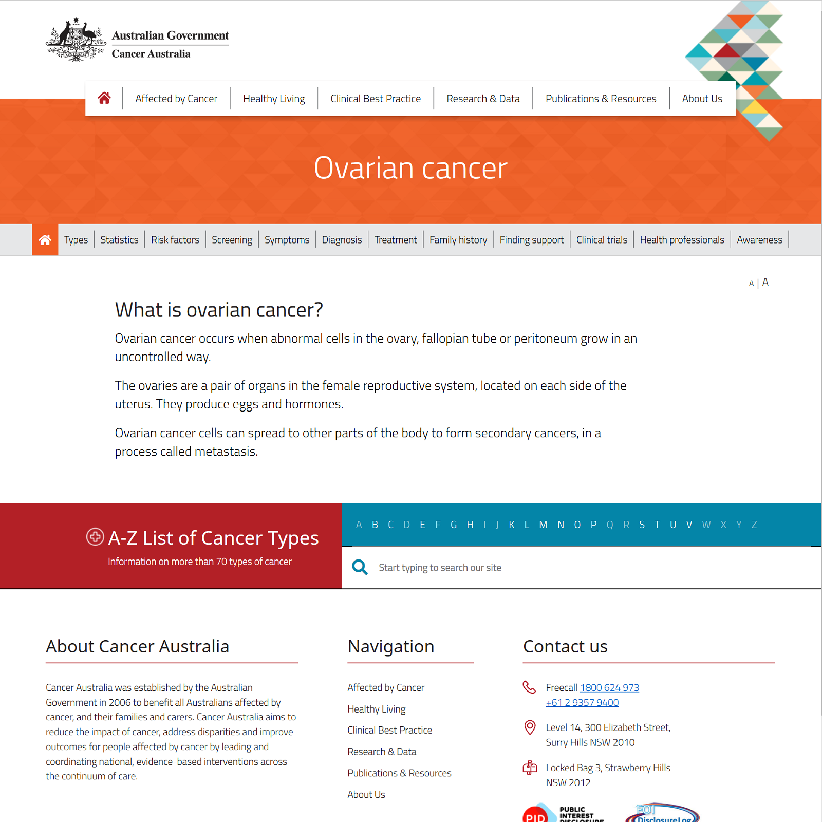 Ovarian cancer website screenshot