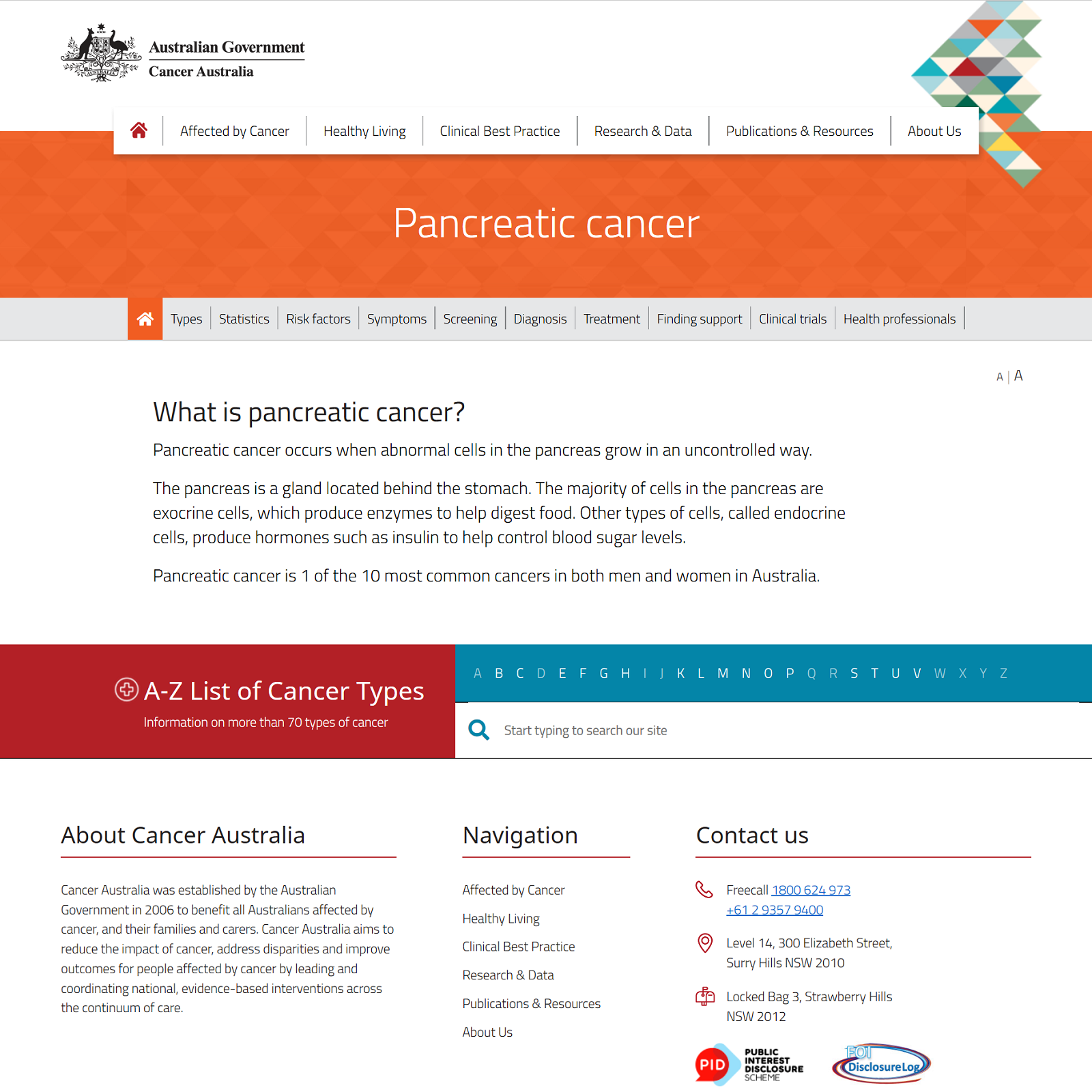 Pancreatic cancer website screenshot