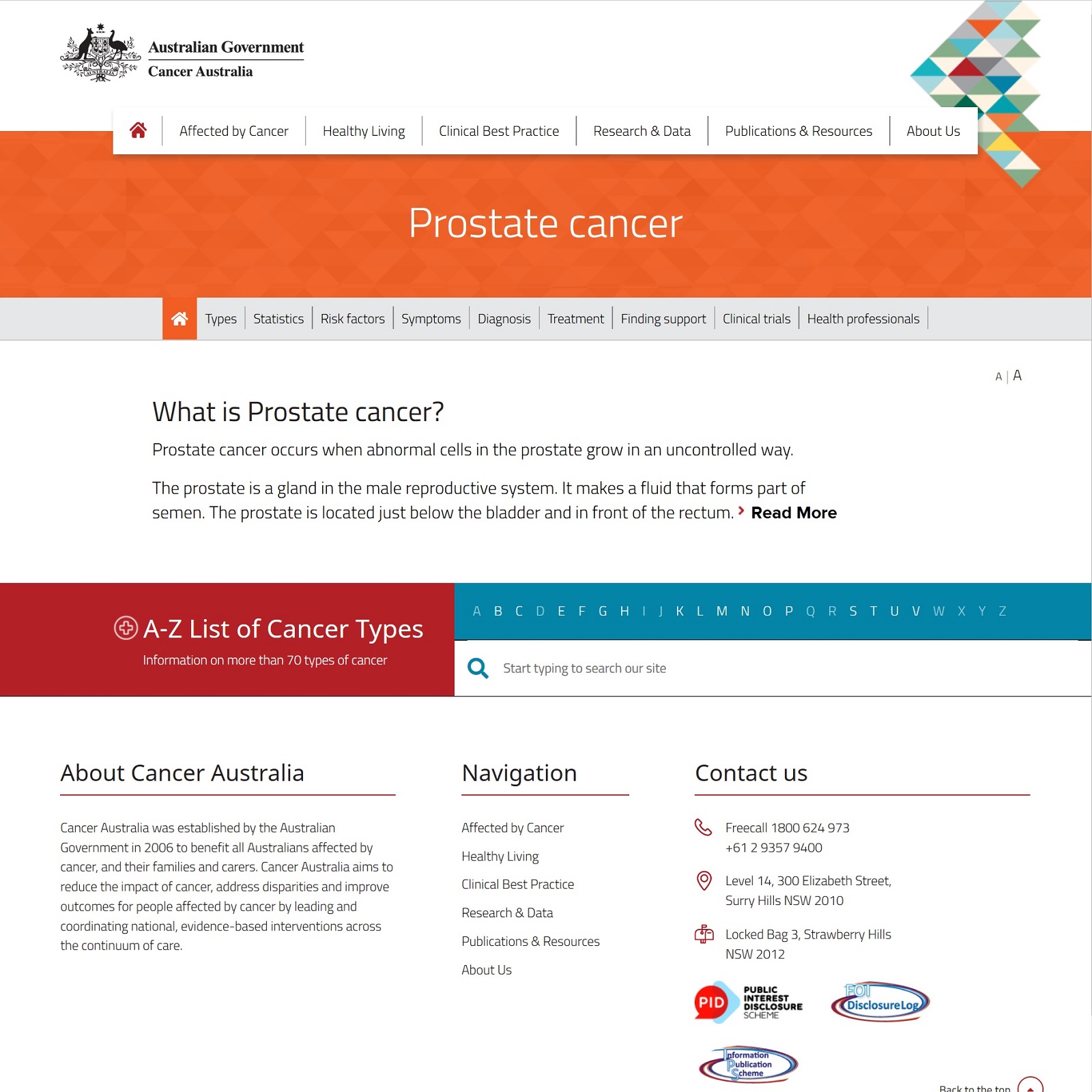 Prostrate cancer website screenshot