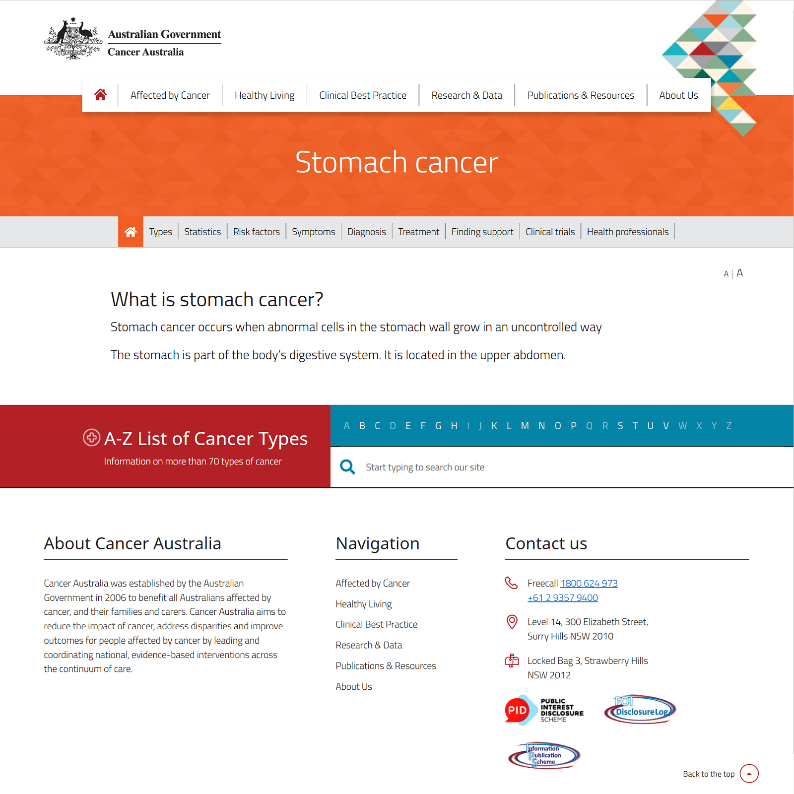 Stomach cancer website screenshot