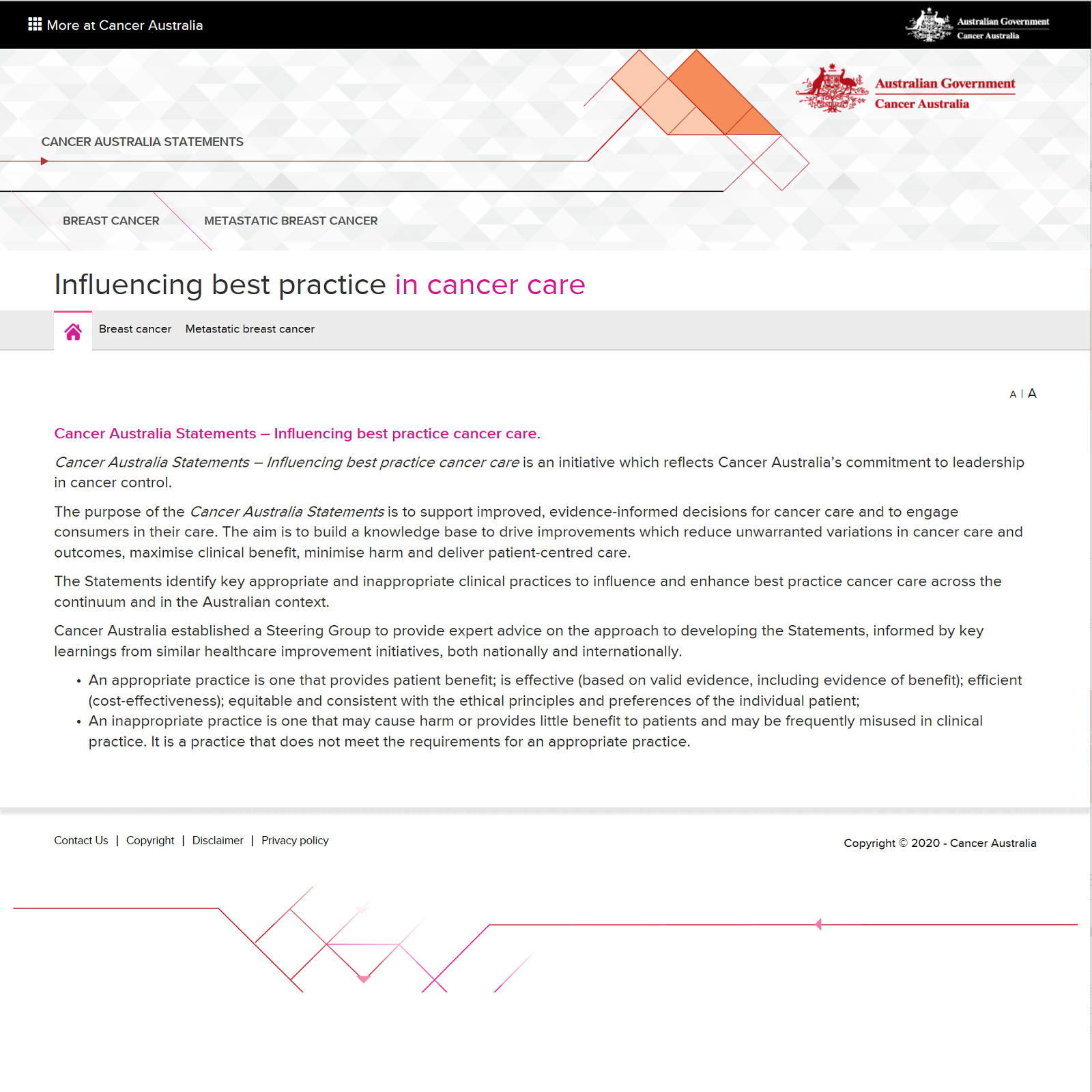 Cancer Australia Statement - Influencing best practice cancer care website screenshot