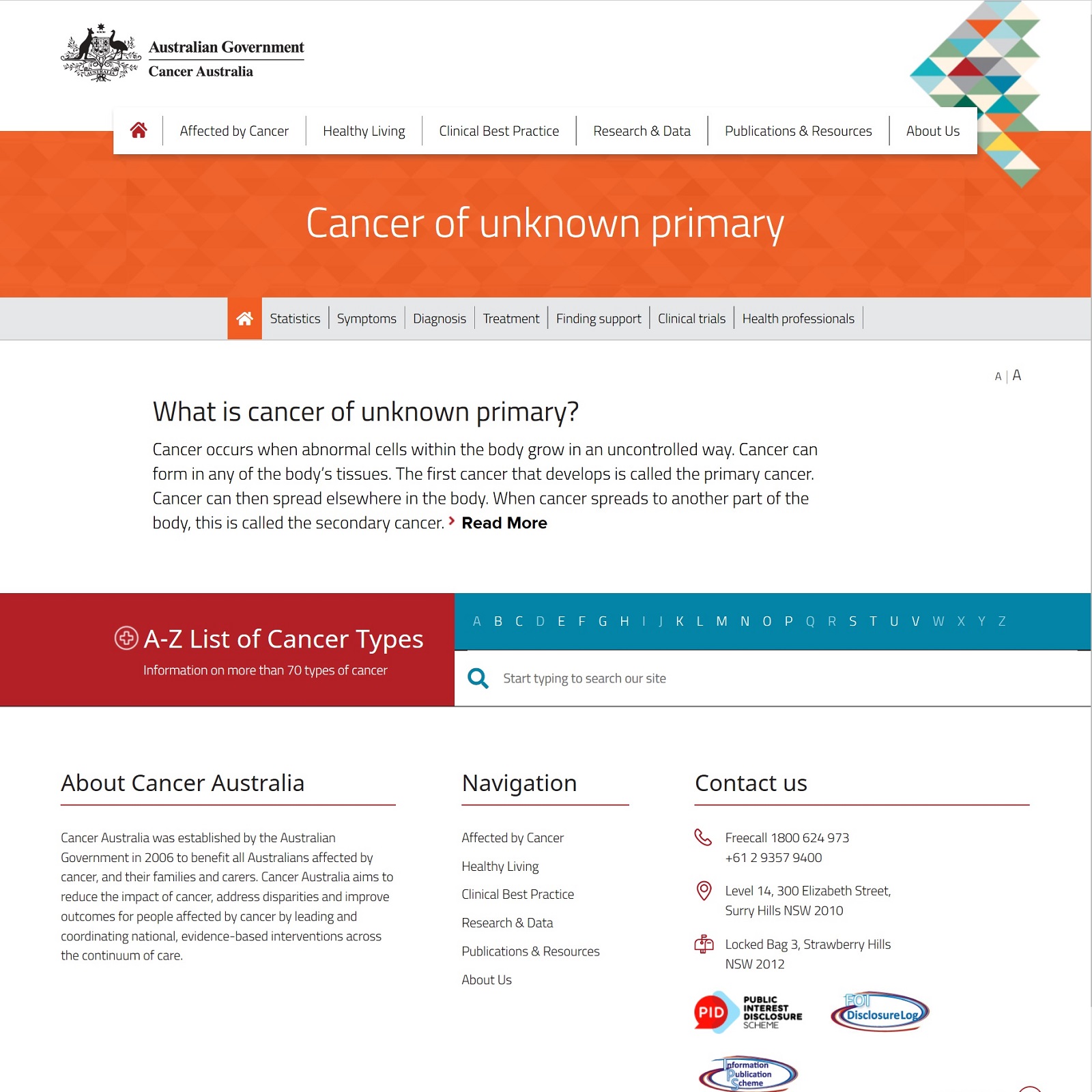 Cancer of unknown primary website screenshot