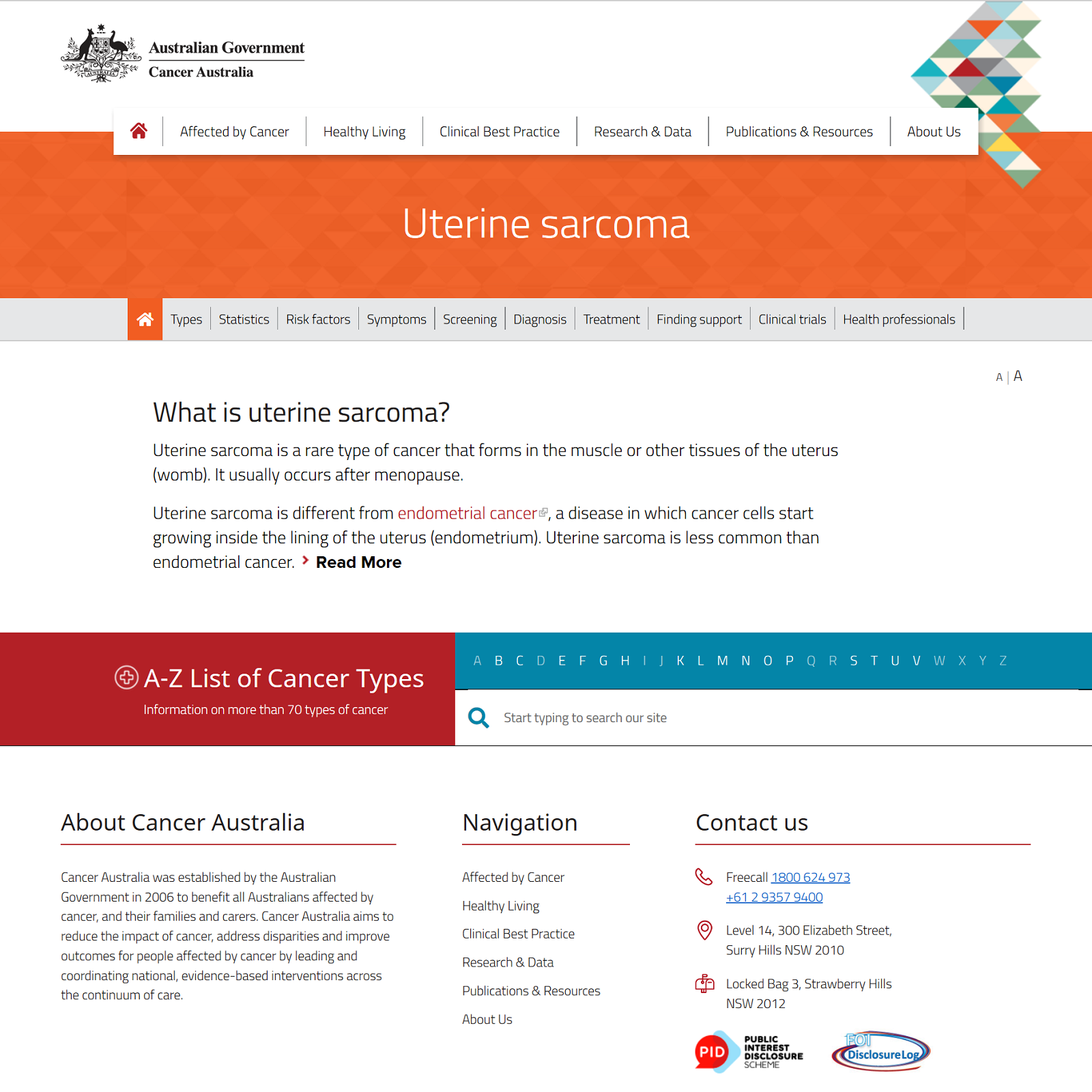Uterine sarcoma website screenshot