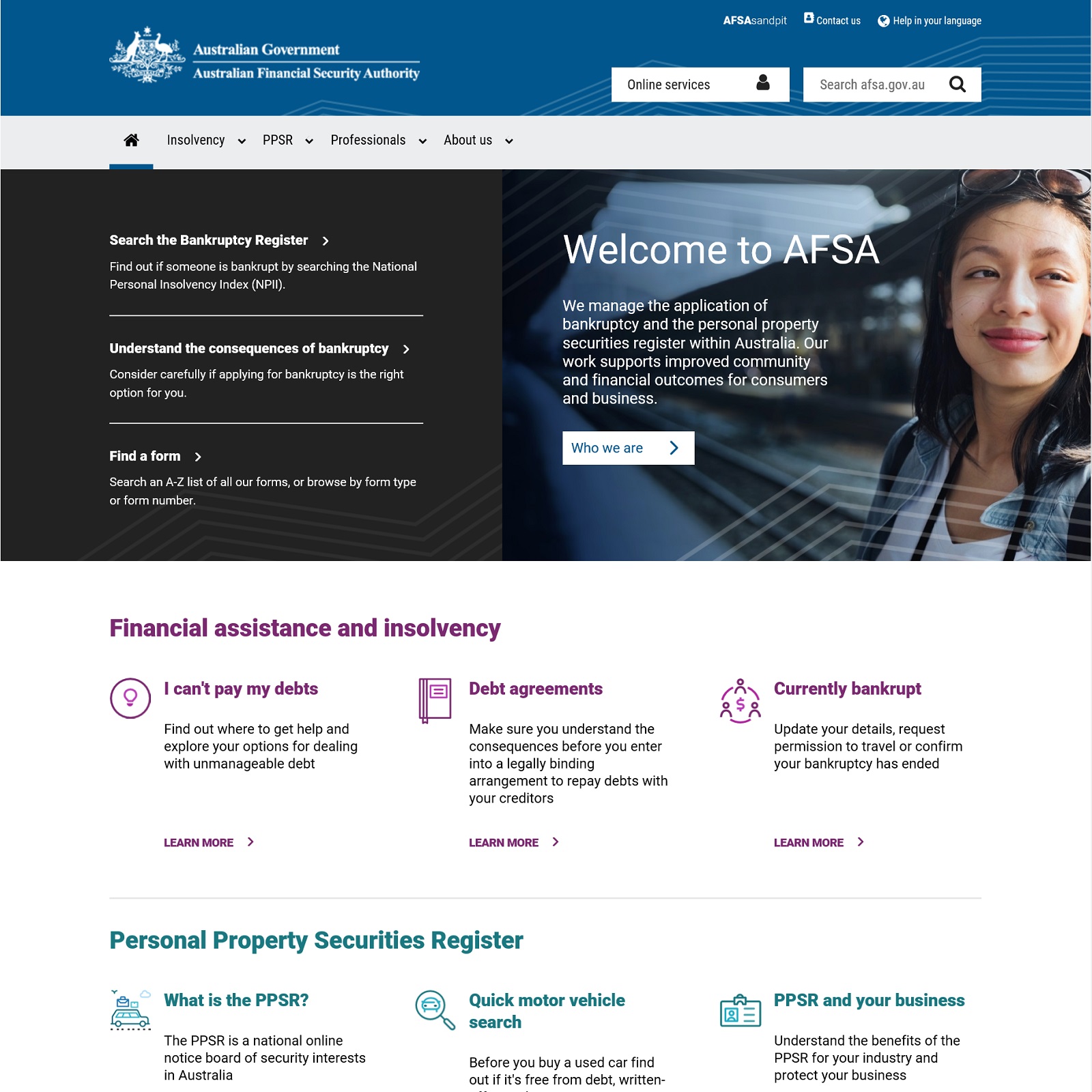 Australian Financial Security Authority website screenshot