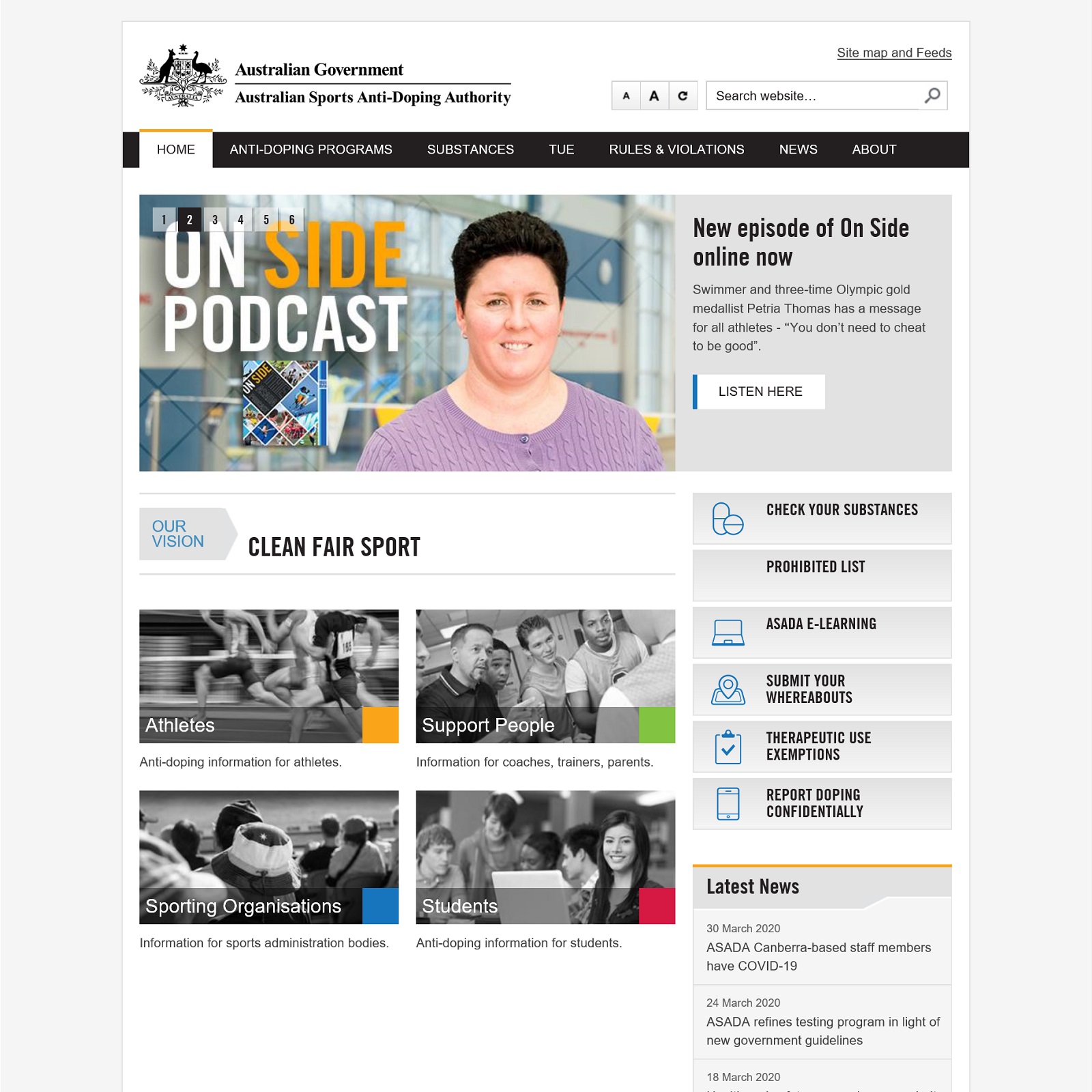 Australian Sports Anti-Doping Authority website screenshot