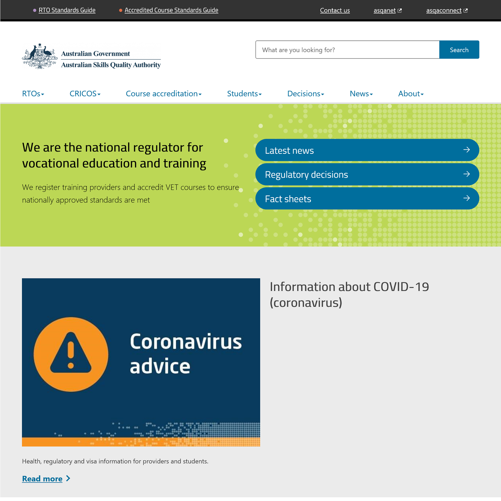 Australian Skills Quality Authority website screenshot