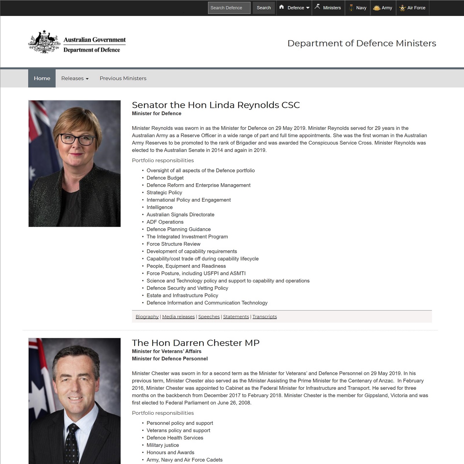 Department of Defence Ministers