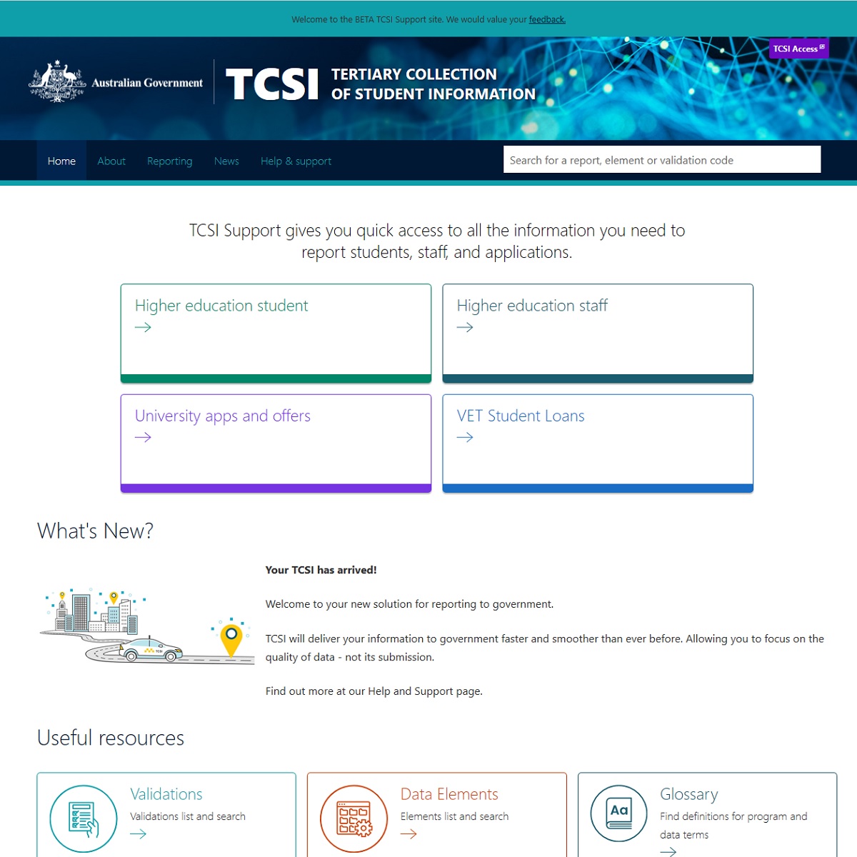 Tertiary Collection of Student Information homepage screenshot