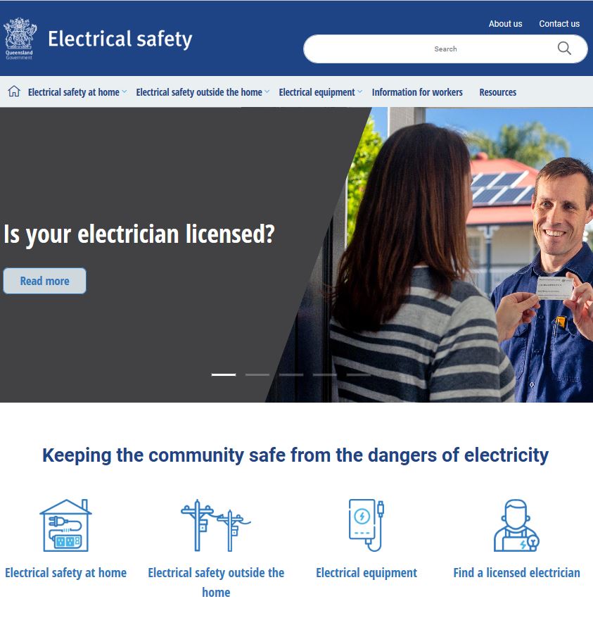 www.electricalsafetyqld.gov.au home page screenshot