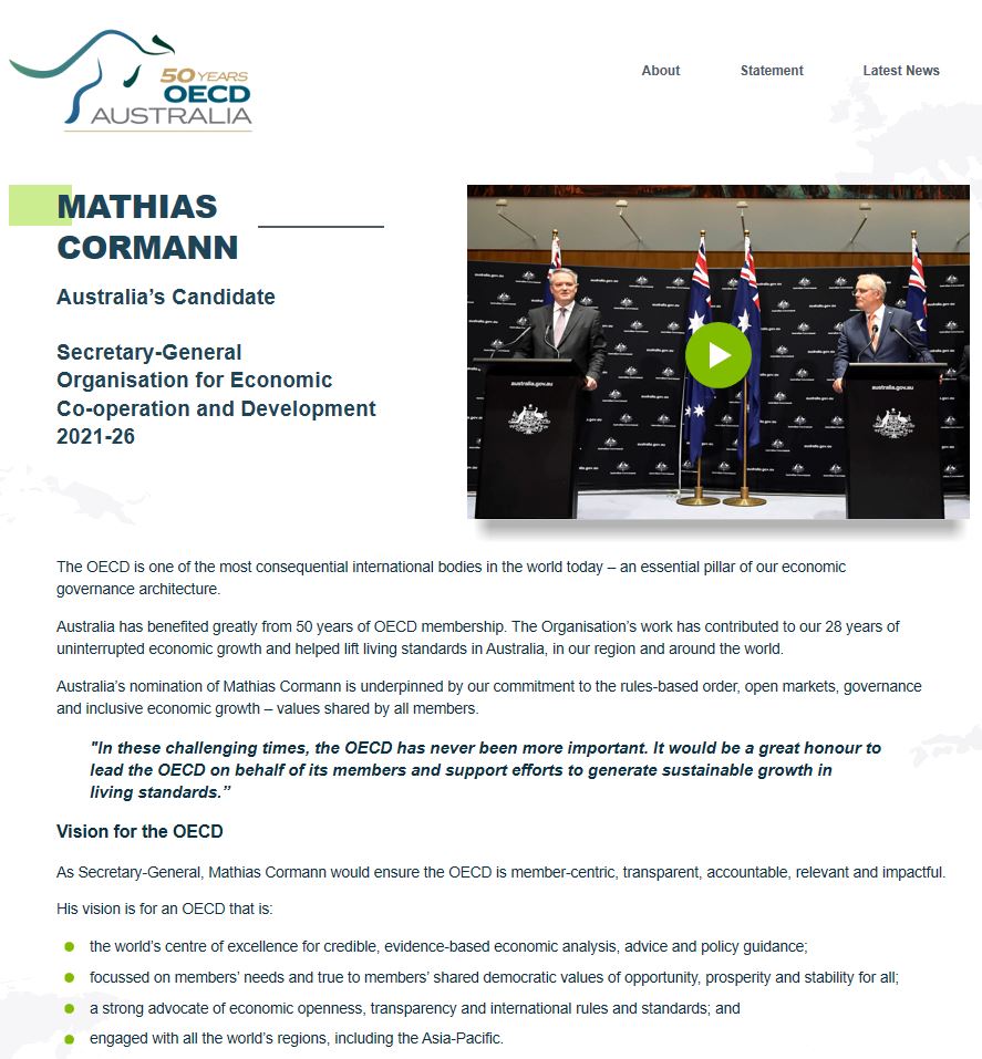 Mathias Cormann OECD home page screenshot