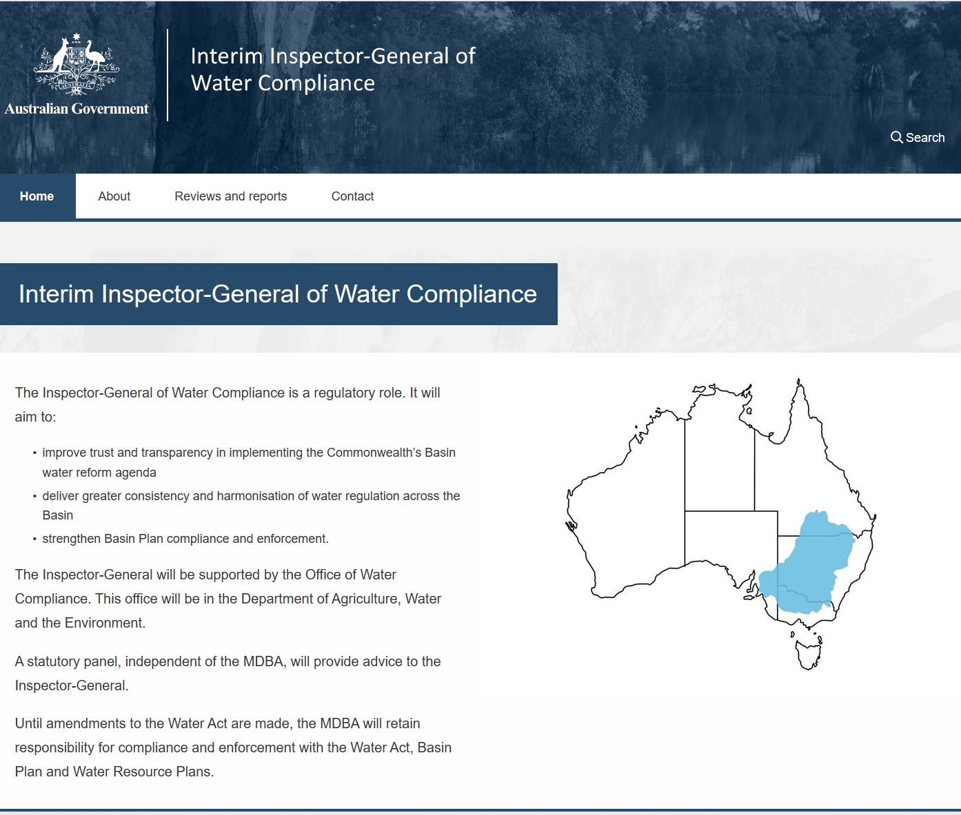 Inspector-General of Water Compliance home page screenshot