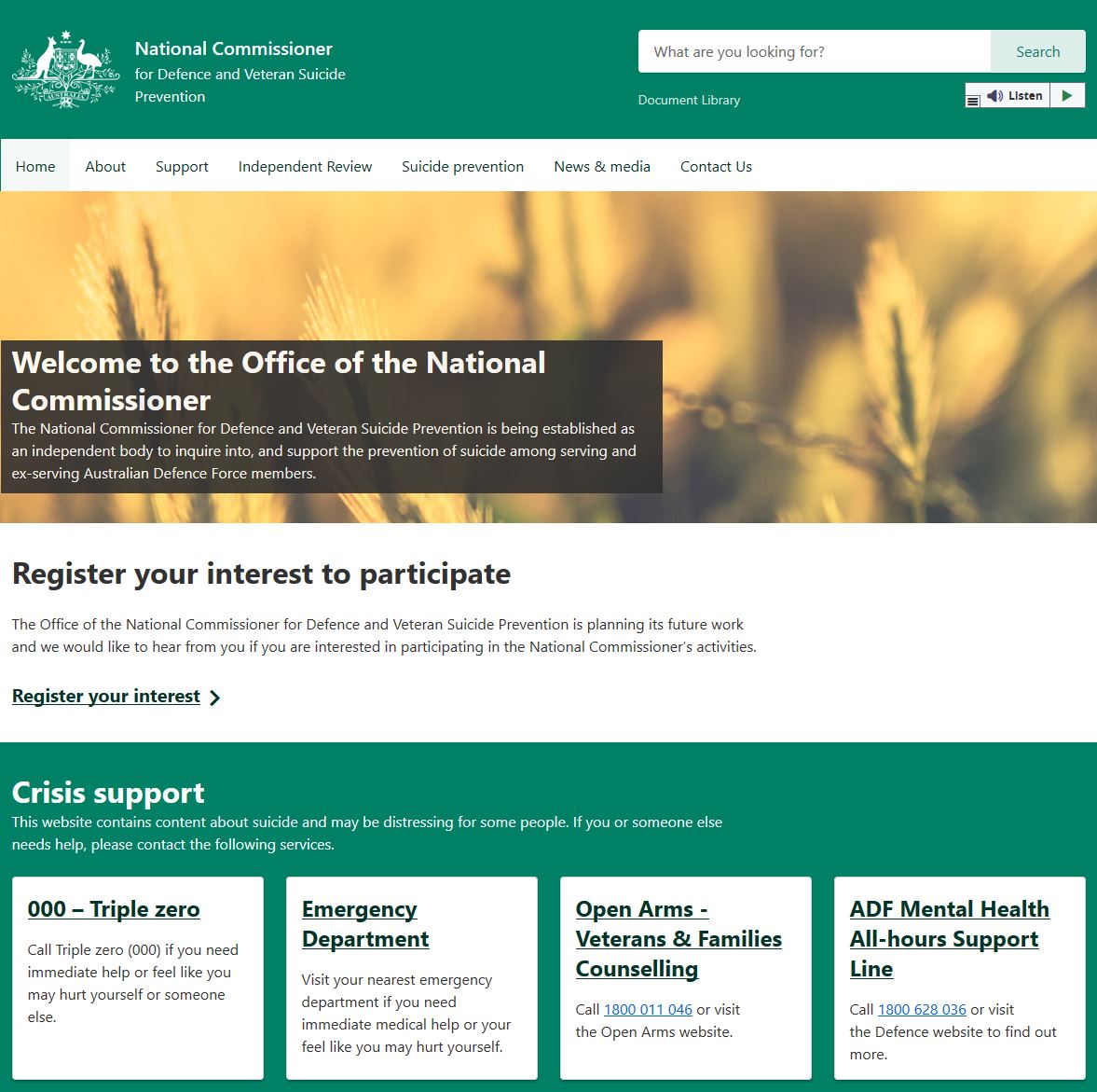 National Commissioner for Defence and Veteran Suicide Prevention homepage screenshot