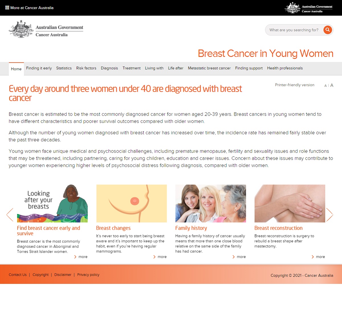 Screenshot of the Breast Cancer in Young Women homepage