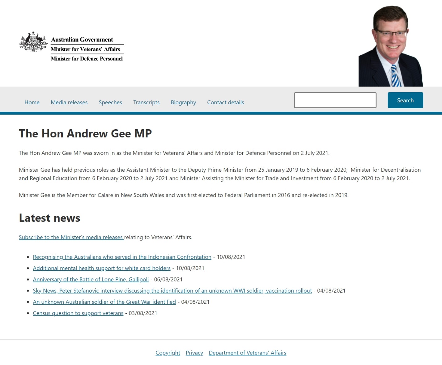 Minister for Veteran's Affairs Minister for Defence Personnel