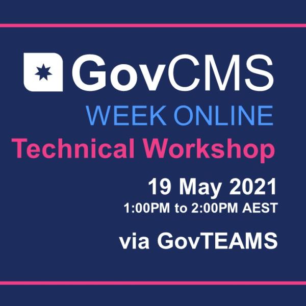 Graphic slide stating the date and time of the Technical Workshop, 19 May 2021, 1:00 pm Australian Eastern Standard Time