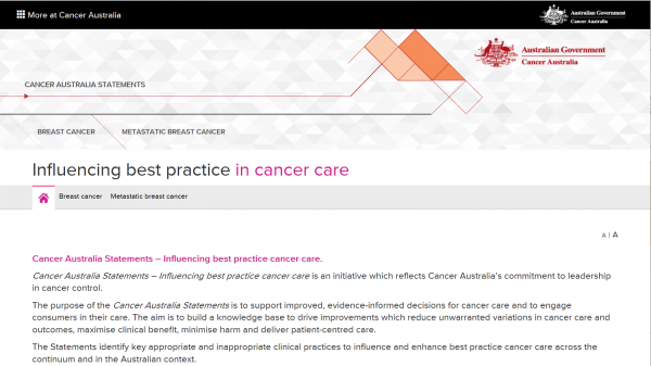 Cancer Australia Statement - Influencing best practice cancer care website screenshot