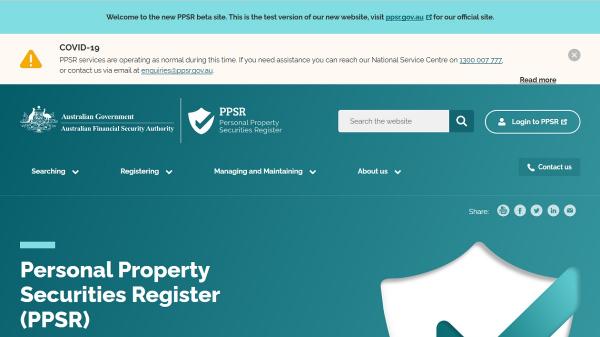 Personal Property Securities Register (PPSR) - Beta website screenshot