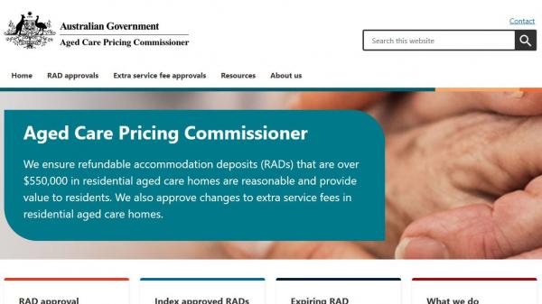 Aged Care Pricing Commissioner home page screenshot