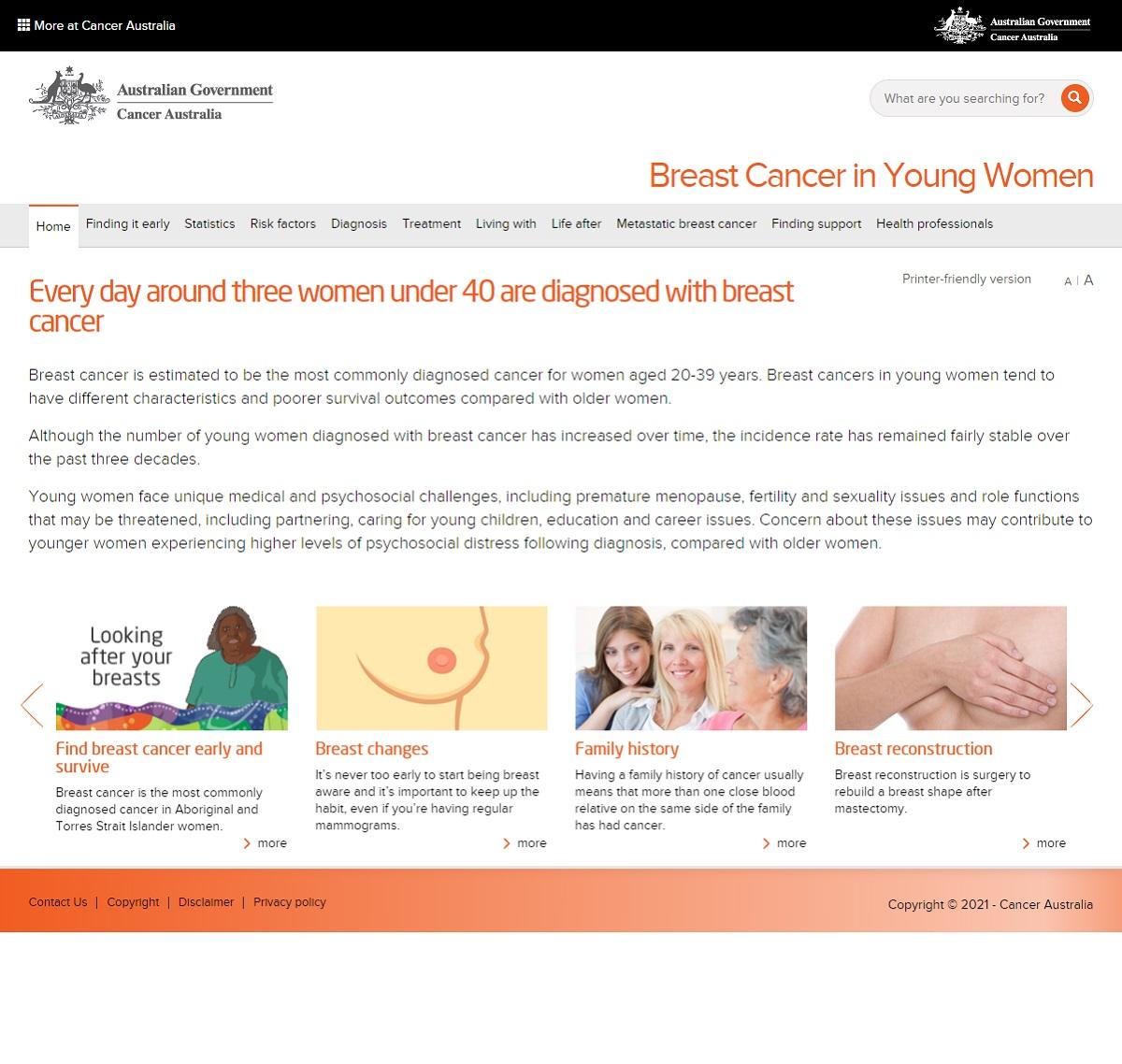 Screenshot of the Breast Cancer in Young Women homepage